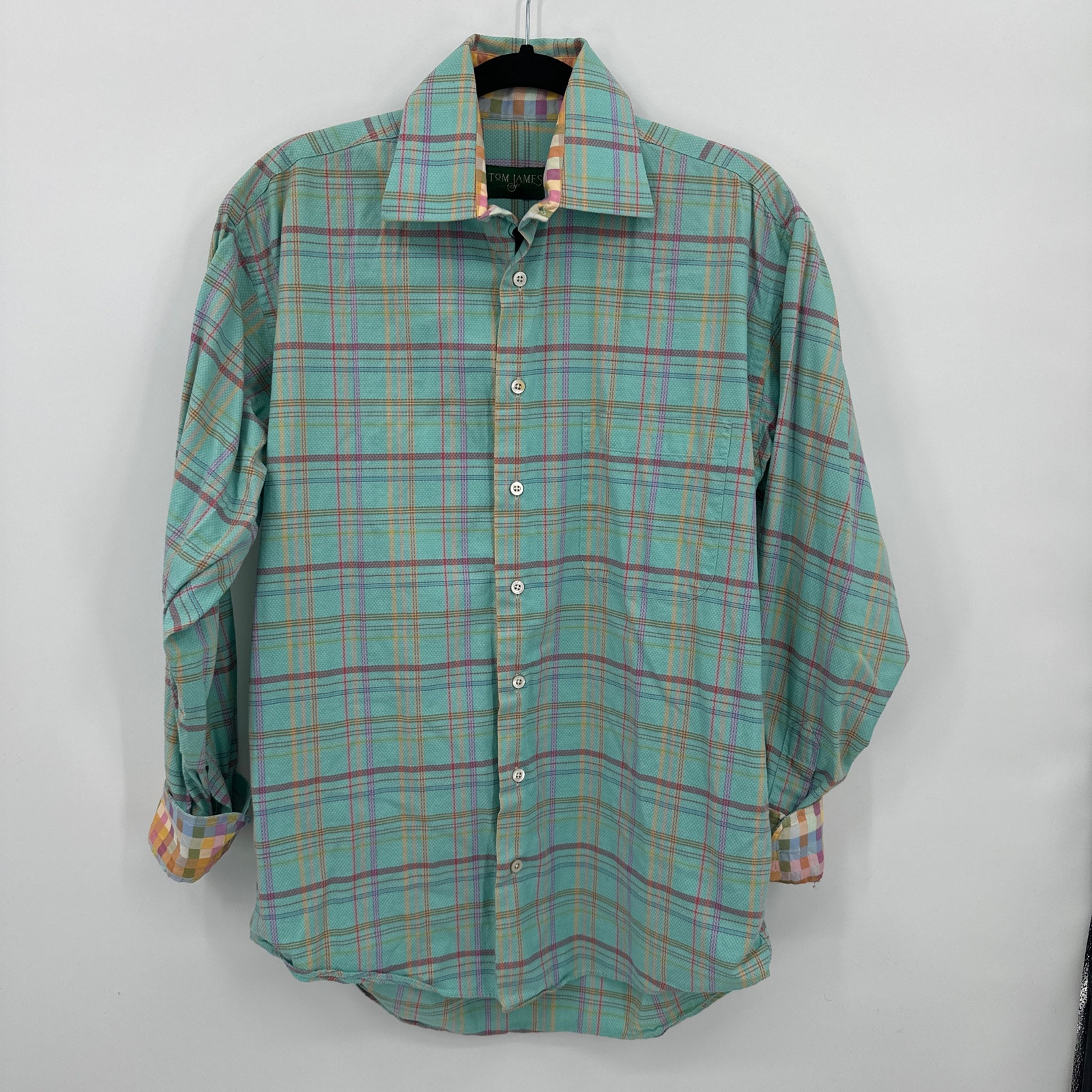 Tom James Pastel Plaid Long Sleeve Dress Shirt With Contrasting Cuffs Medium